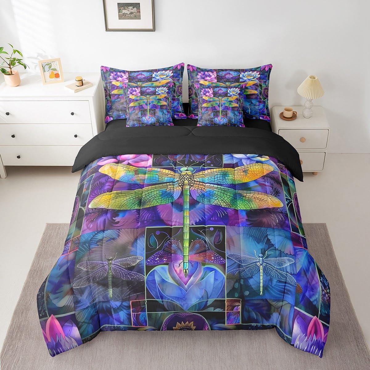 Erosebridal Boho Dragonfly Comforter Set Queen,Bohemian Lotus Flower Bedding Set 7Pcs for Kids Teens Girls,Gradient Butterfly Moth Quilt,Trippy Palm Leaves Bed in a Bag