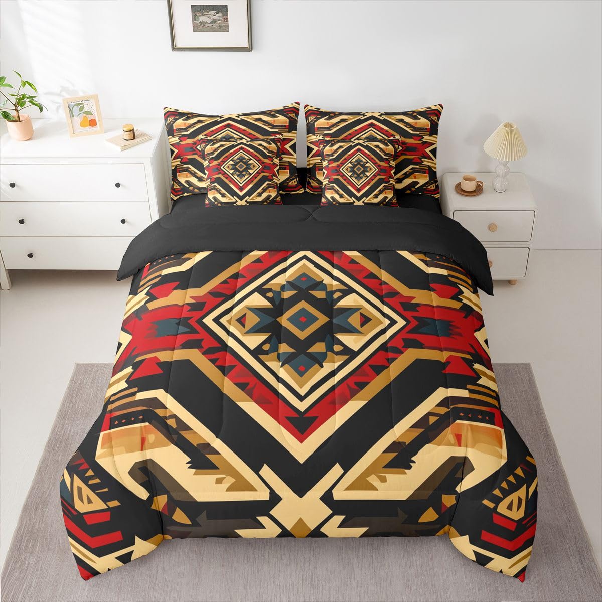 Erosebridal Aztec 7 Piece Bedding Set Queen Tribal Comforter Set with Sheets Native American Boho Southwestern Bed in a Bag Geometric Western Rustic for Teens Men Women