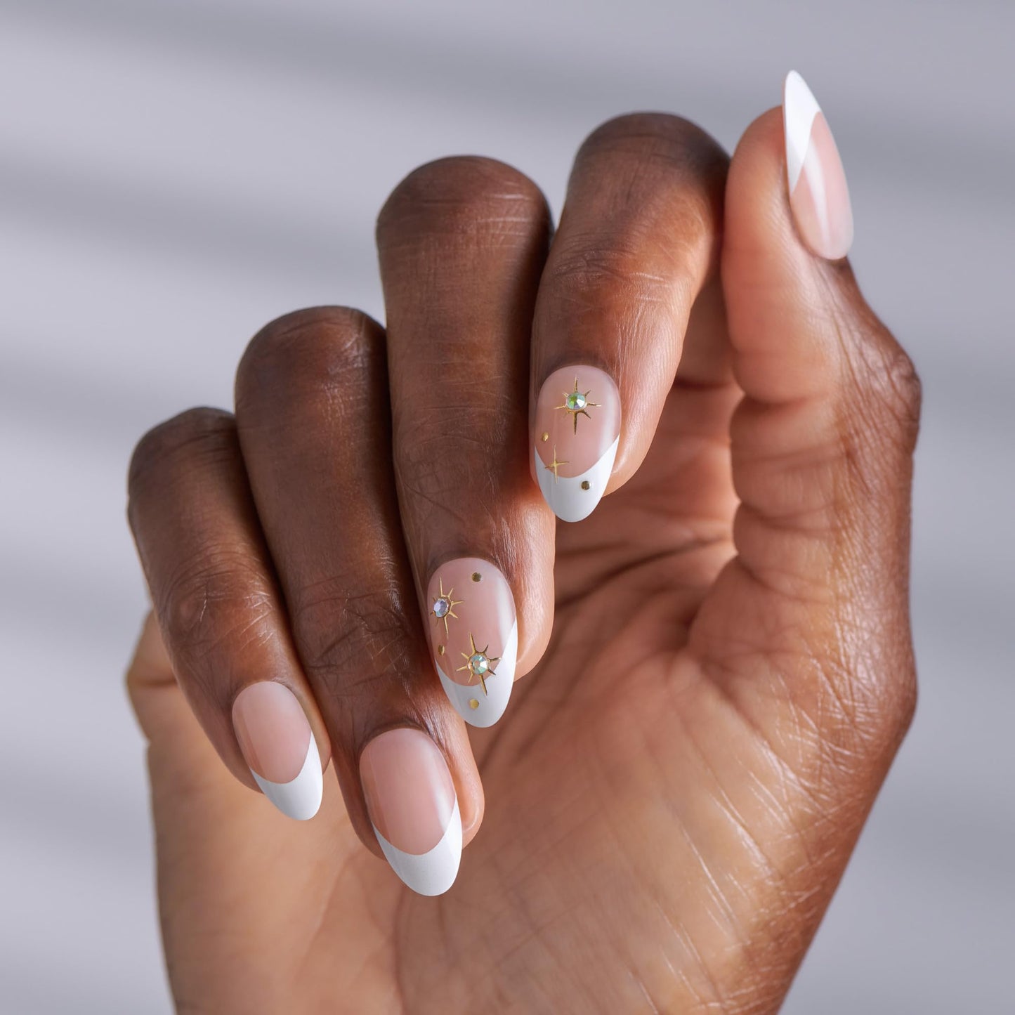Kiss Impress No Glue Mani Press On Nails, Design, 'Star player', White, Medium Size, Almond Shape, Includes 30 Nails, Prep Pad, Instructions Sheet, 1 Manicure Stick, 1 Mini File