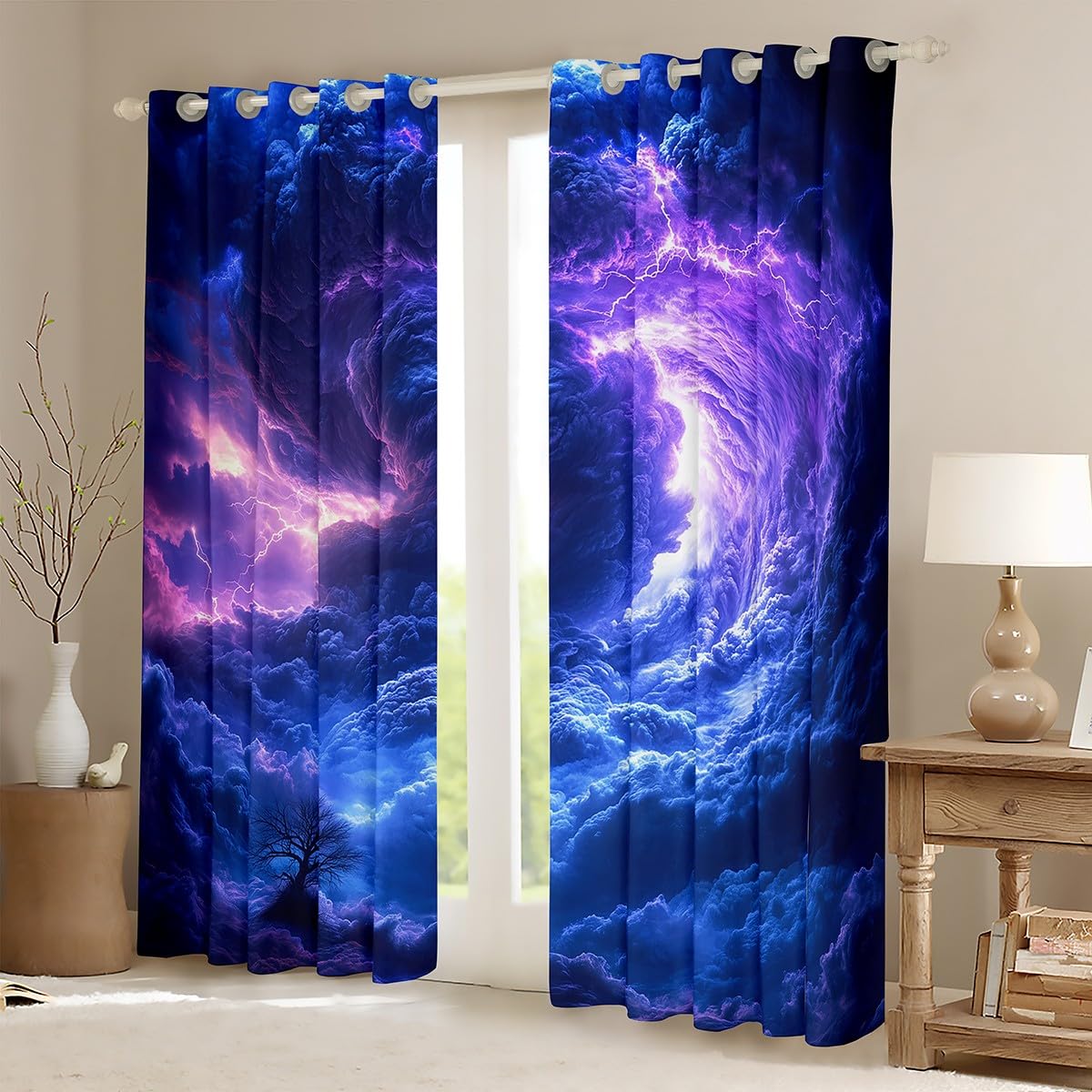 Erosebridal Tornados Curtains 38" Wx45 L,Purple Blue Lightning Window Curtains Drapes for Kids Boys Adults,Natural Disaster Room Decor for Storm Chaser