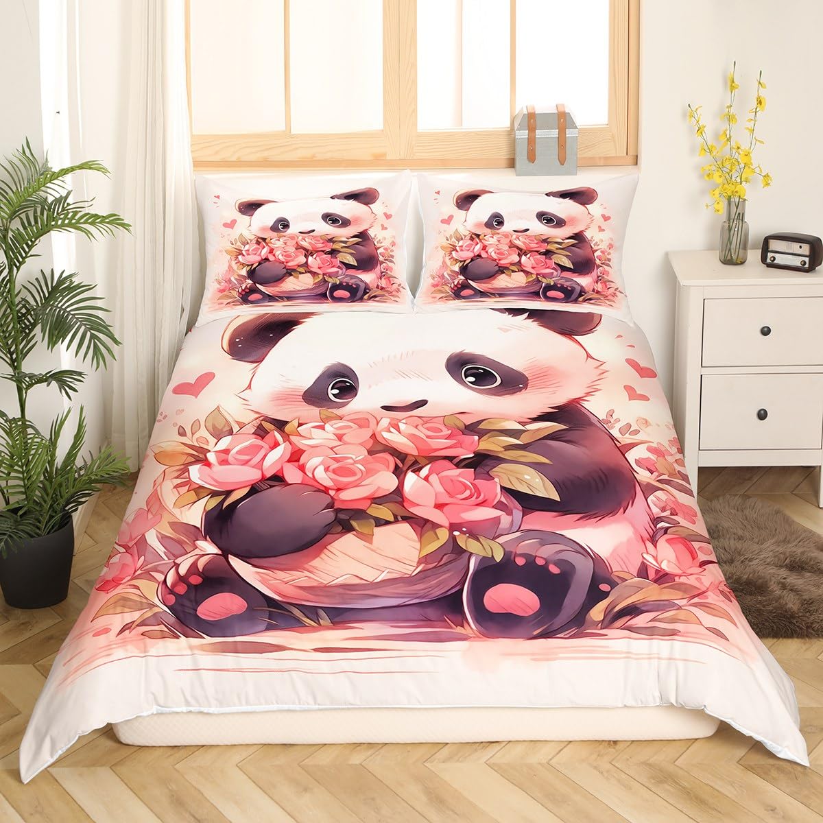 Feelyou Panda Bedding Set Full, Cute Panda Duvet Cover Cartoon Panda Comforter Cover Kids Toddler Boys Girls Kids Panda Bedspread Cover Microfiber Bed Set with 2 Pillow Case(No Comforter)