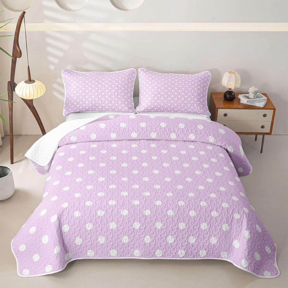 Feelyou Dot Pattern Quilts for King Bed Purple Bedspreads Soft Bed Summer Lightweight Comforter Geometric Coverlet All Season 3 Pieces (1 Quilt, 2 Pillowcases) Stripe Line Bedding Set