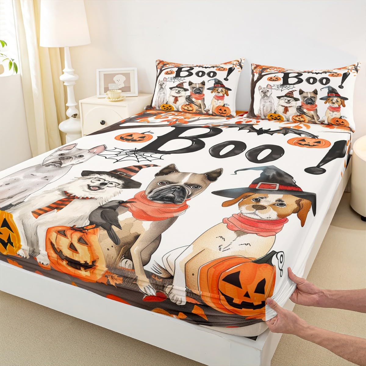 Feelyou Halloween Fitted Sheet Full Size for Kids Boys Girls Pumpkin Bed Sheets Set 16" Deep Pocket Soft Breathable Microfiber Maple Fall Leaves Bedding with 2 Pillowcases Spider Web Room Decor
