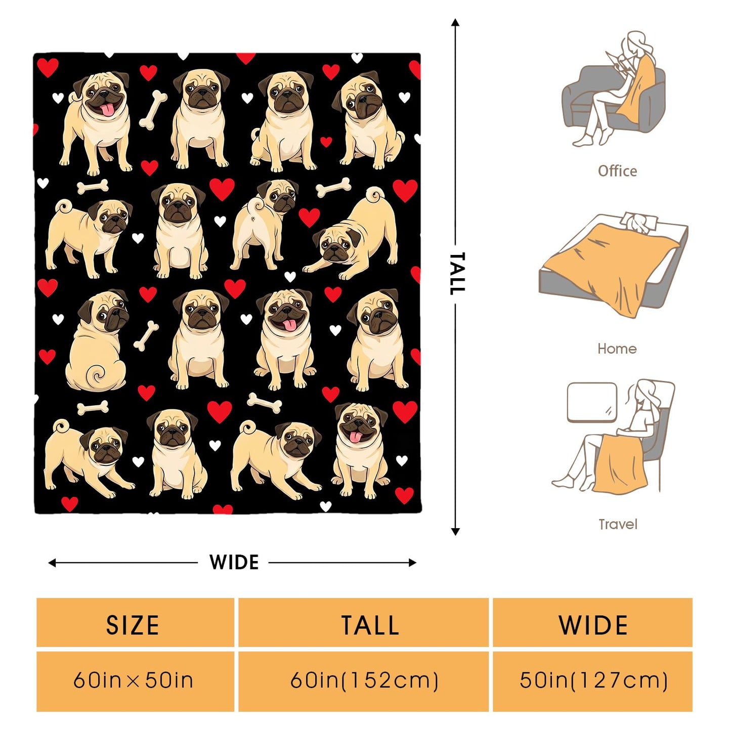 Hohoto Pug Throw Blanket for Girls Women, Gifts for Dog Lovers Birthday Christmas, Puppy Dogs Theme Decor for Home Bedroom Living Room Couch Sofa 50"x60"