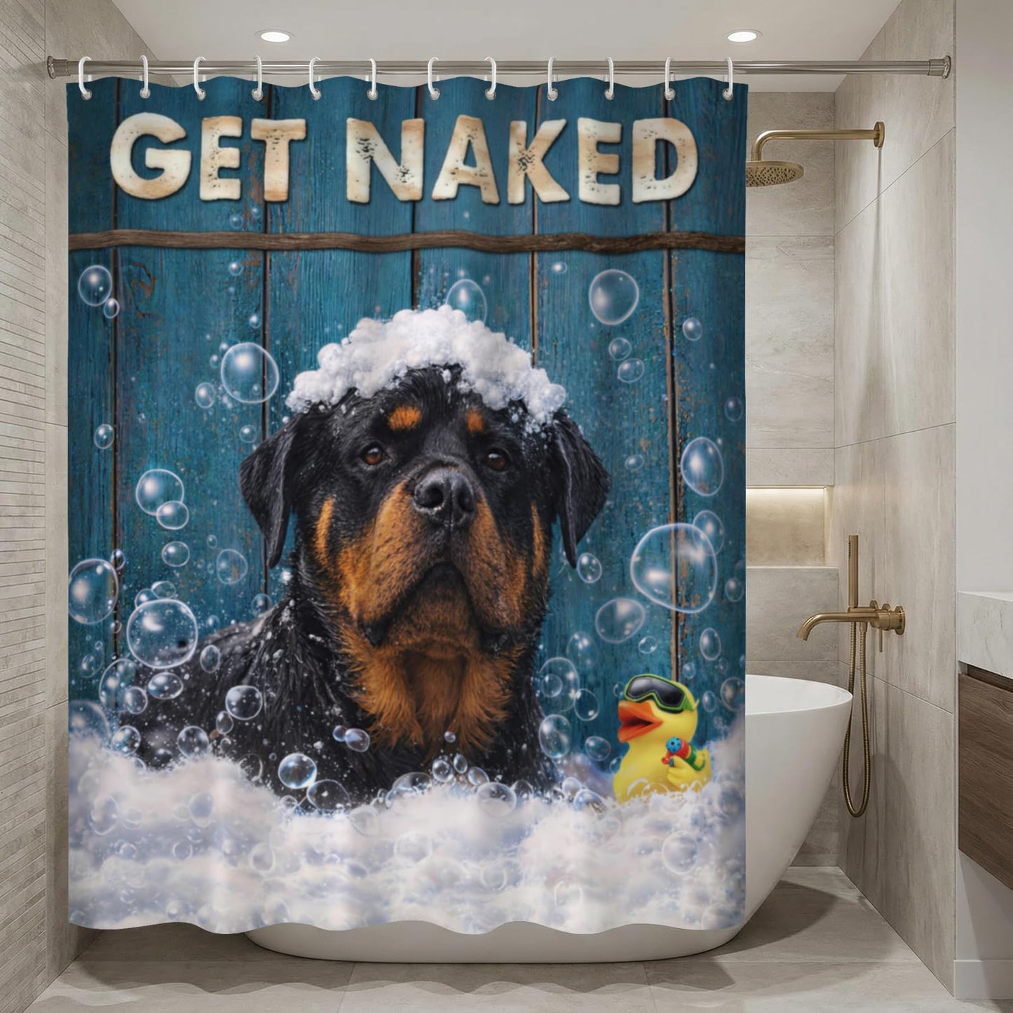 Hwsuiairt Funny Rottweiler Dog Shower Curtain Rottweiler Dog Get Naked Rustic Blue Wood Decor Cute Puppy Bath Curtain Set Waterproof Polyester for Bathtubs - 72"x72"