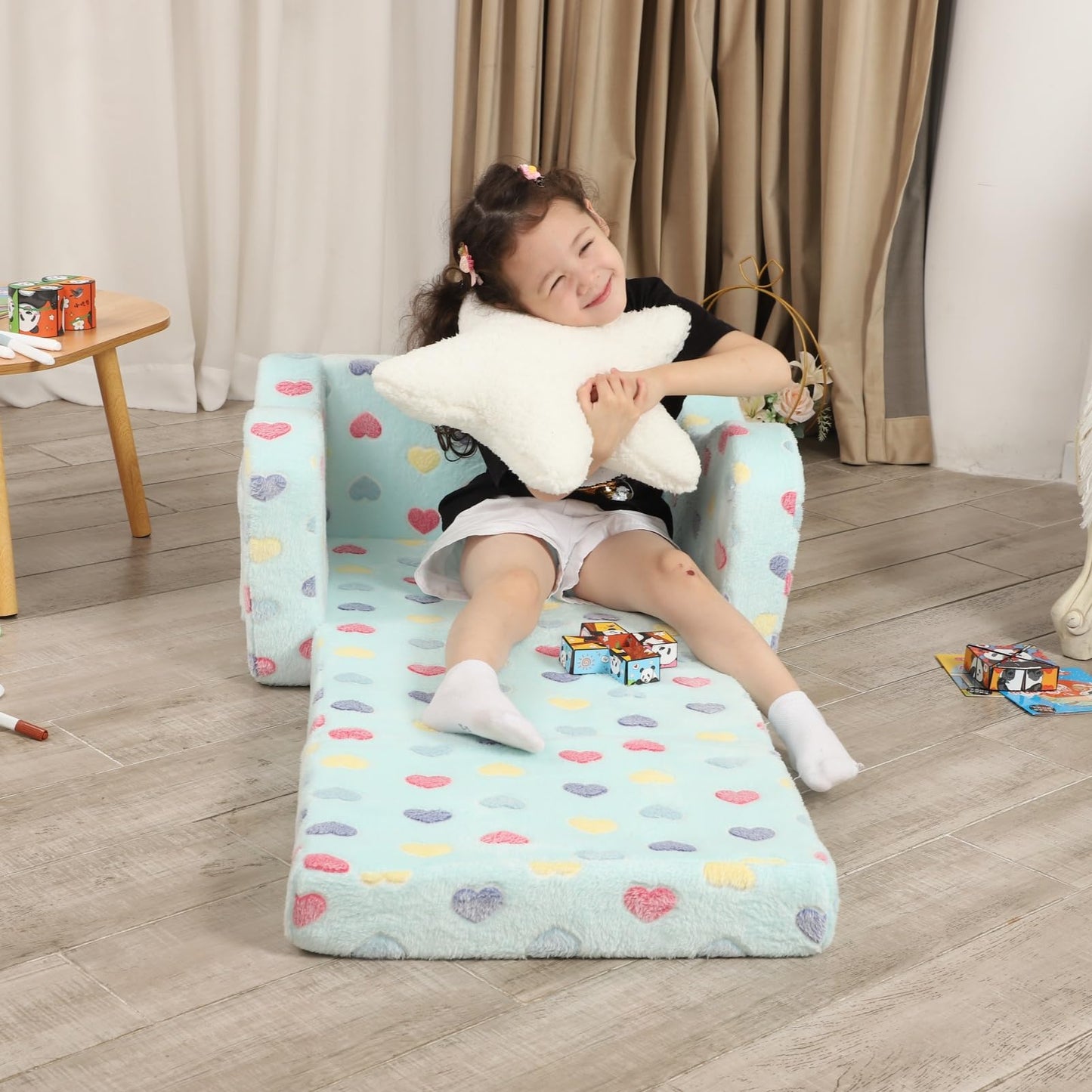 MOMCAYWEX Toddler Couch, 2-in-1 Kids Soft Couch Fold Out with Star Pillow, Foldable Sofa to Lounger, Medium, Colorful Heart