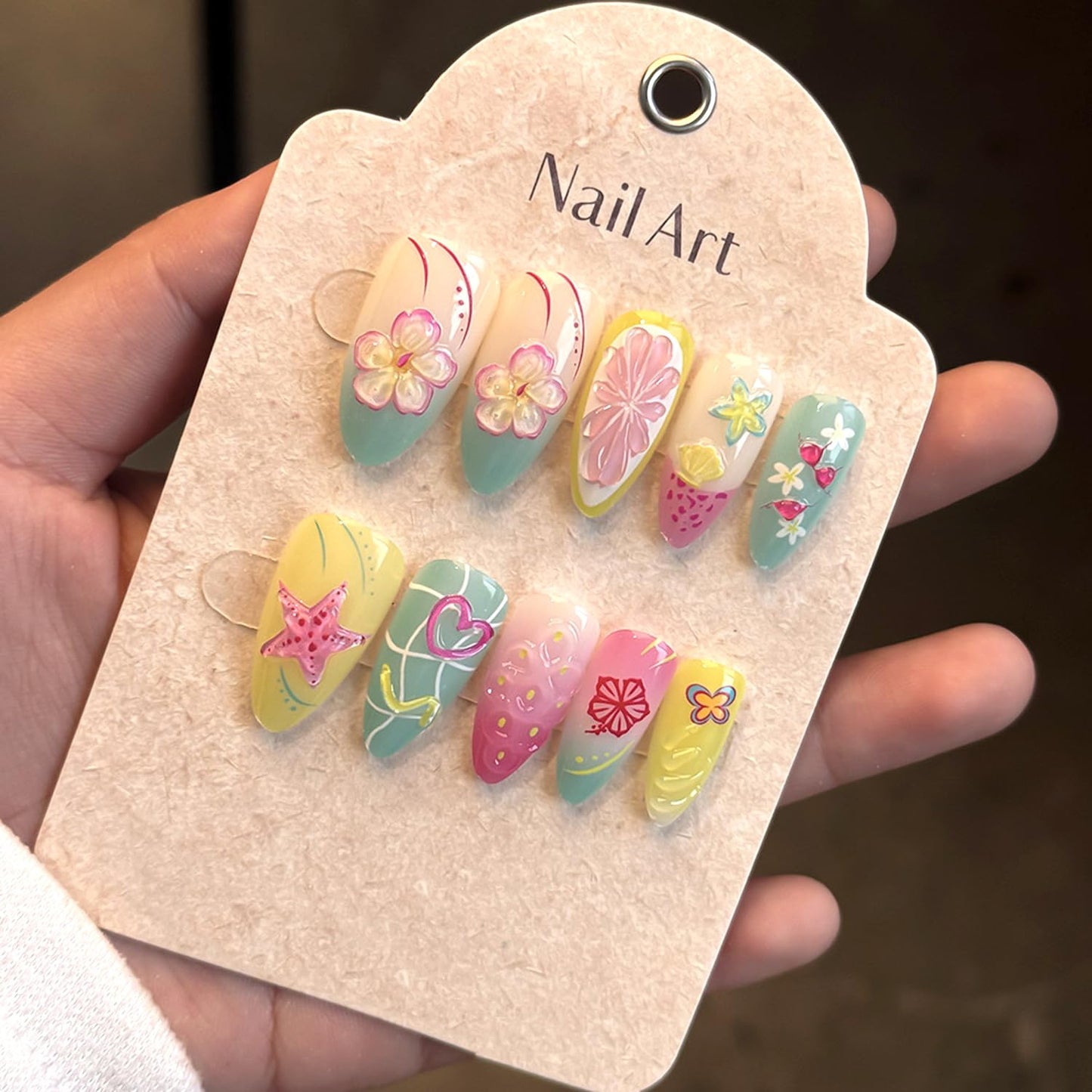 24Pcs Summer Colorful Press on Nails Medium Almond Fake Nails 3D Cute Flower Fruit with Pearl Design,Beach Starfish False Nails Full Cover Glue on Nails Artificial Acrylic Nails Handmade DIY for Women