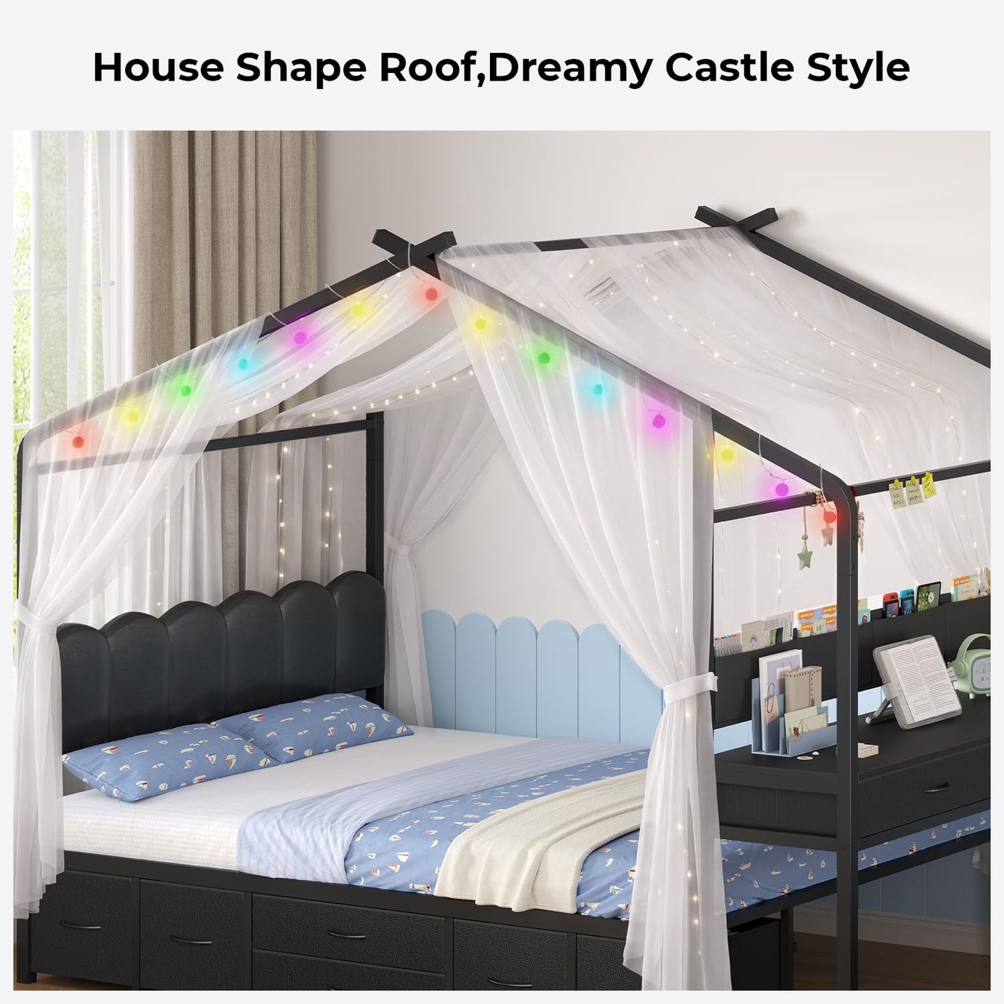 ADORNEVE House Bed with Desk,Full Kids Bed with Globe String Lights,Black