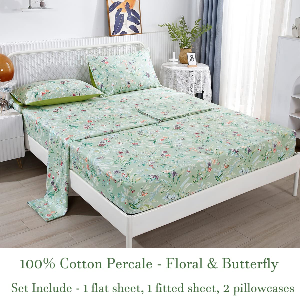 URBONUR Garden Floral Sheets Set Sage Green 4Pcs Queen Size, Egyptian Cotton Silky Cooling Bed Sheets Set, Wrinkle Resistant Deep Pocket 16 Inches (Queen, Green Leaves Butterfly & Floral)