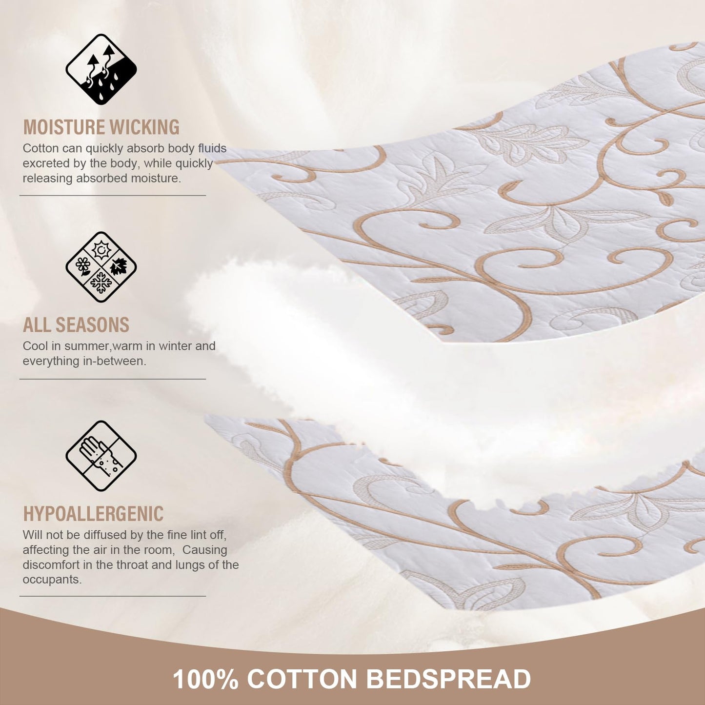 FineStichery 100% Cotton Oversized Bedspread Quilt Coverlet Set, 128"x120" Extra Large Cal King Bedspreads with Pillow Shams, Lightweight Embroidered Bedding Cover 3 Piece, White/Beige