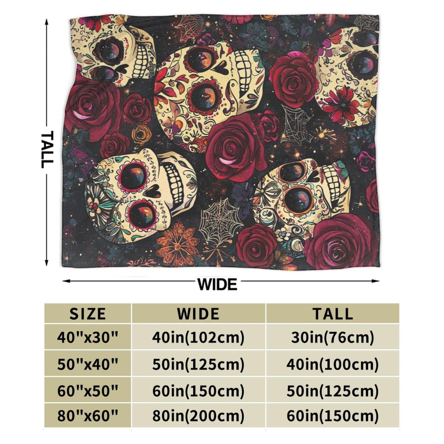 Skull Blanket Gothic Rose Flower Soft Flannel Blanket for Couch or Room Decor 60"x50"