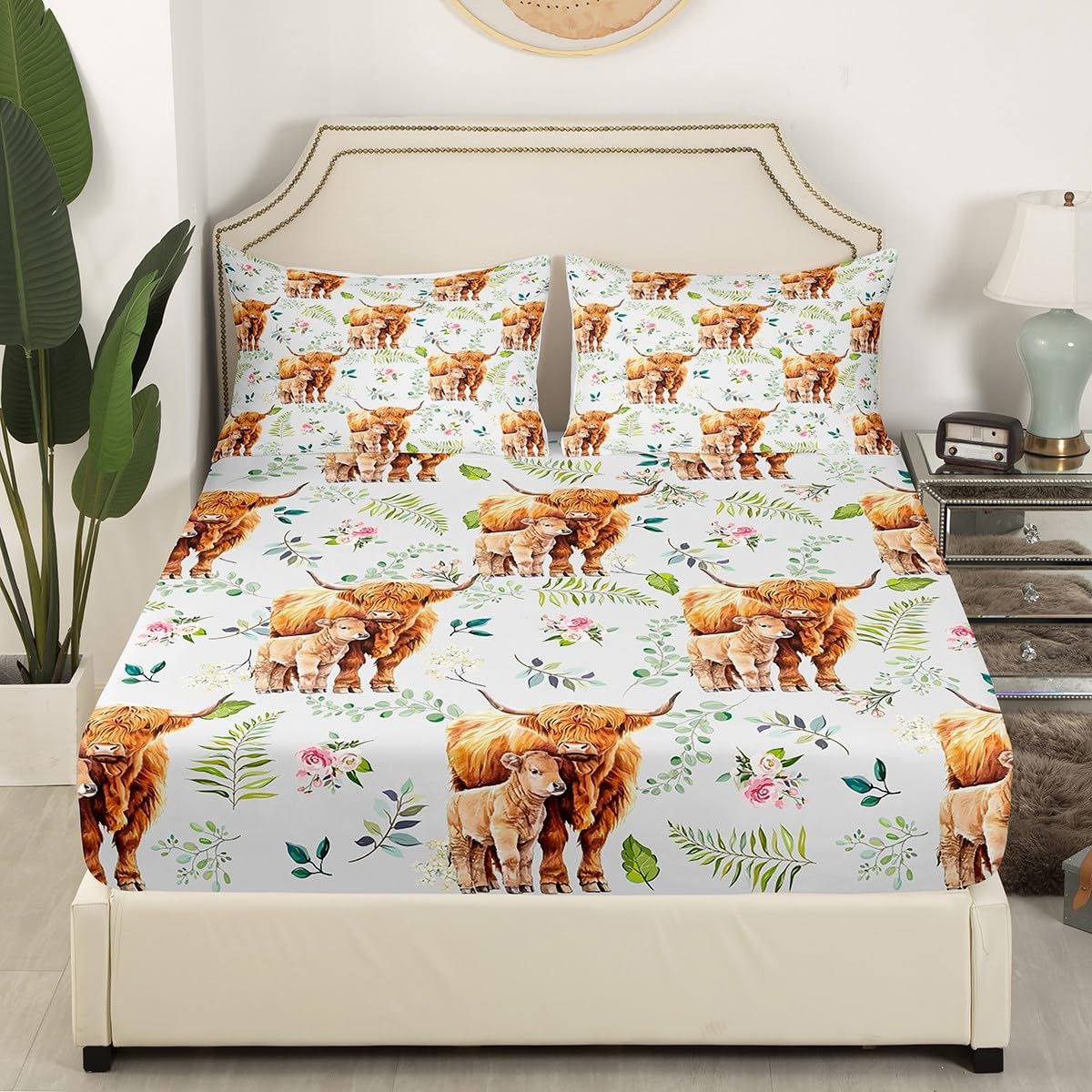 Erosebridal Rustic Cow Sheet Set Full,Retro Cowhide Bed Sheets for Kids Boys Girls,Highland Cow Mother Kid Bedding Set,Farmhouse Rose Flower Leaf Fitted Sheet + Top Sheet + 2 Pillowcases