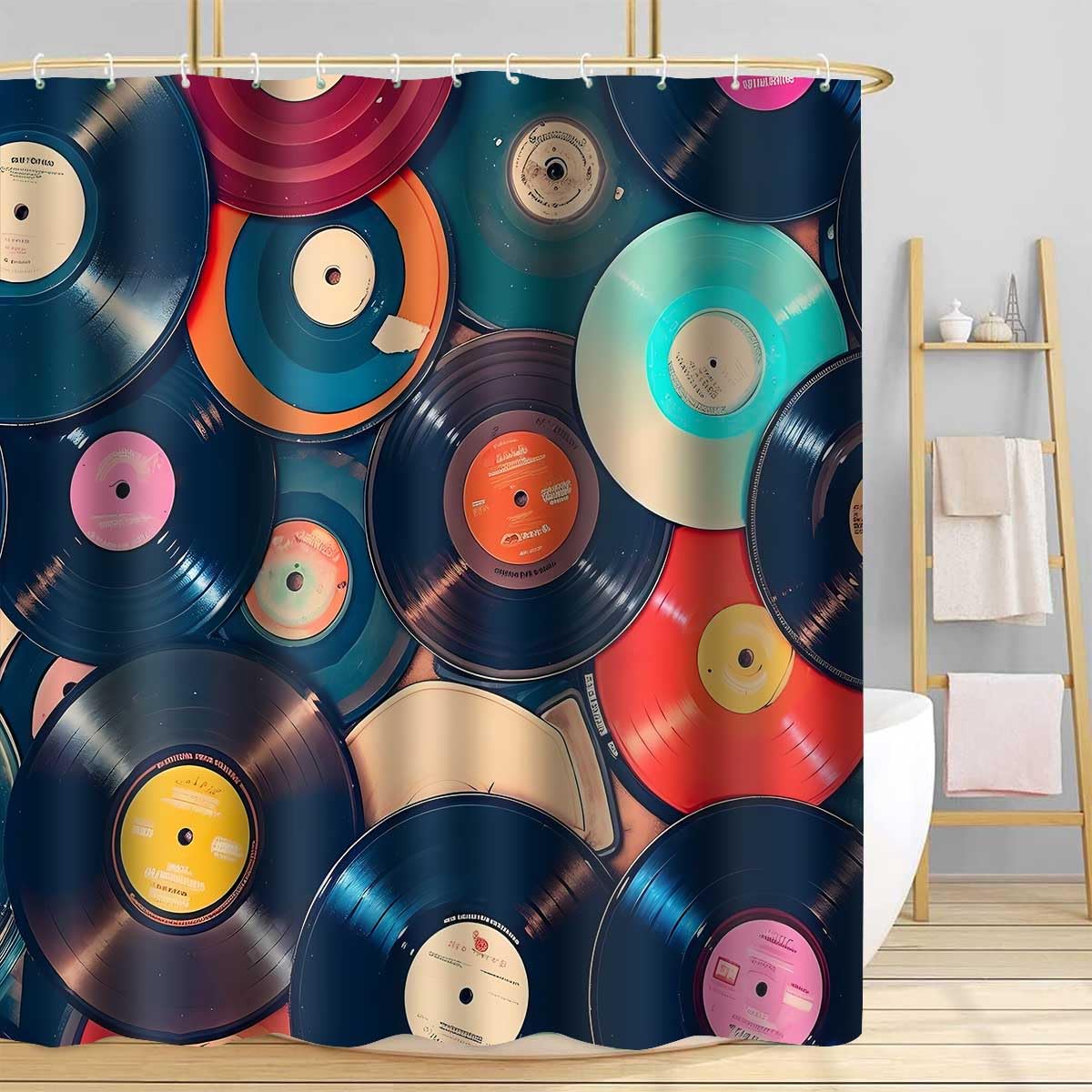 TPMDFC Retro Music Shower Curtain 72x72inch Music Records Bathroom Shower Curtains, Musicial Disc Album Bathroom Bathtubs Decor Set with 12 Hooks YLOKTP0444