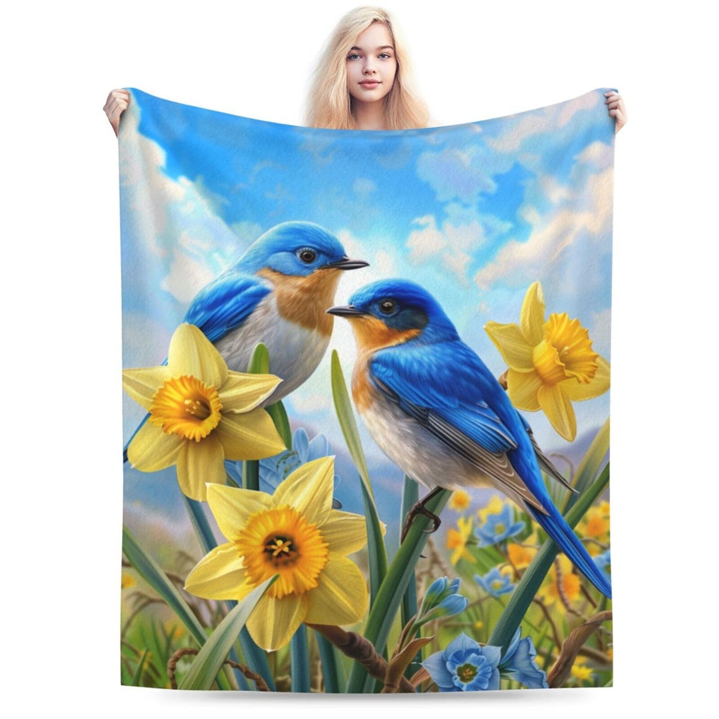 Qycazzw Bluebird Blanket Gifts for Women Kids, Bird and Floral Theme Flannel Blankets, Warm Cozy Soft Throw for Bedroom, Camping, Couch, Decor 50x60 in