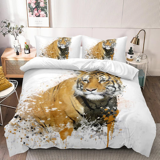 Holiyjog Brown Tiger Duvet Cover Set King Size Wildlife Comforter Cover Animal Print Bedding Set for Boys Girls and Kids Watercolor Art Bedroom Decor