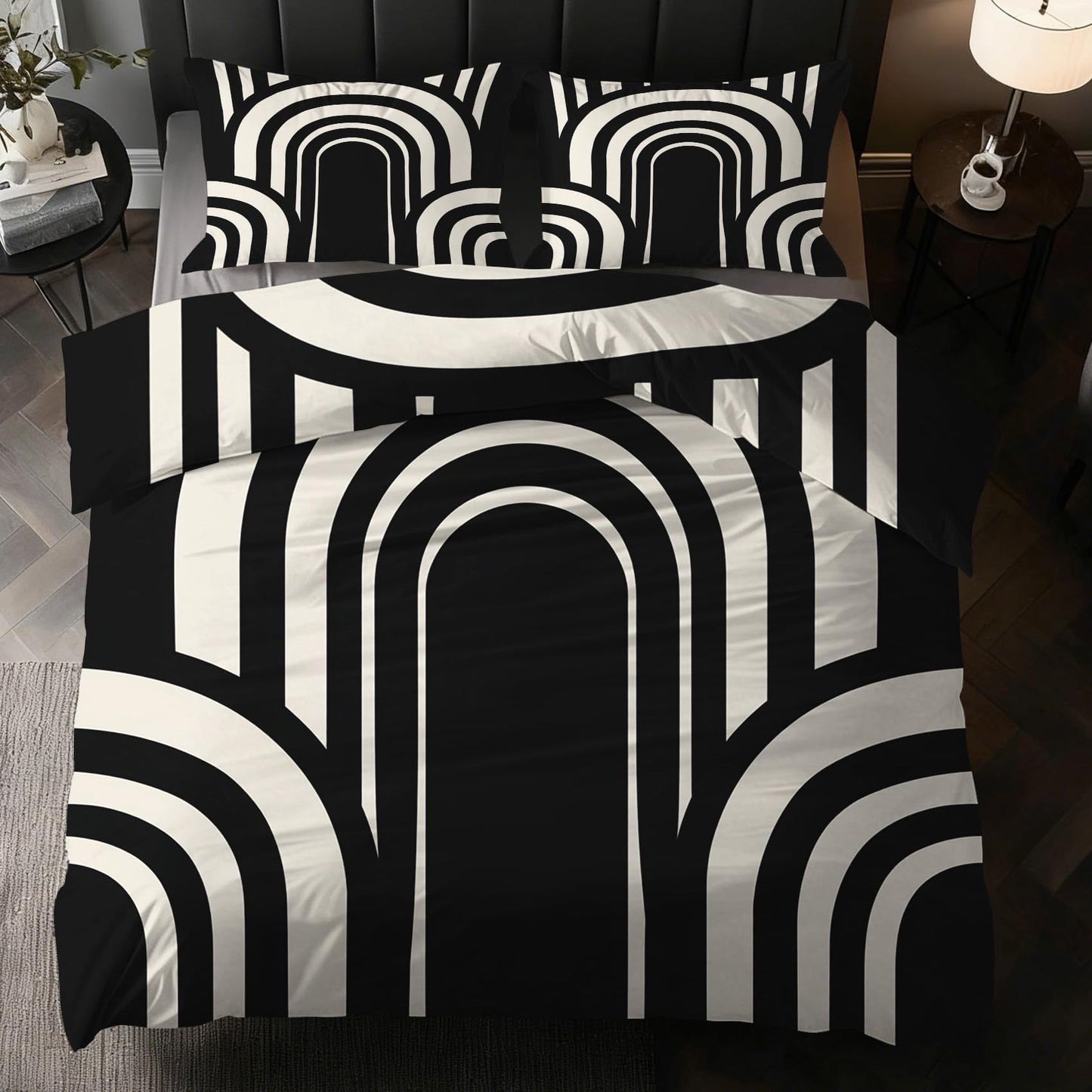 Mid Century Modern Duvet Cover Twin Size, Boho MCM Bedding Set 2 pcs with 1 Pillow Cover, Black and White Geoemtric Bedroom Decor, Soft Microfiber Reversible, Zipper & Ties KJJT 106
