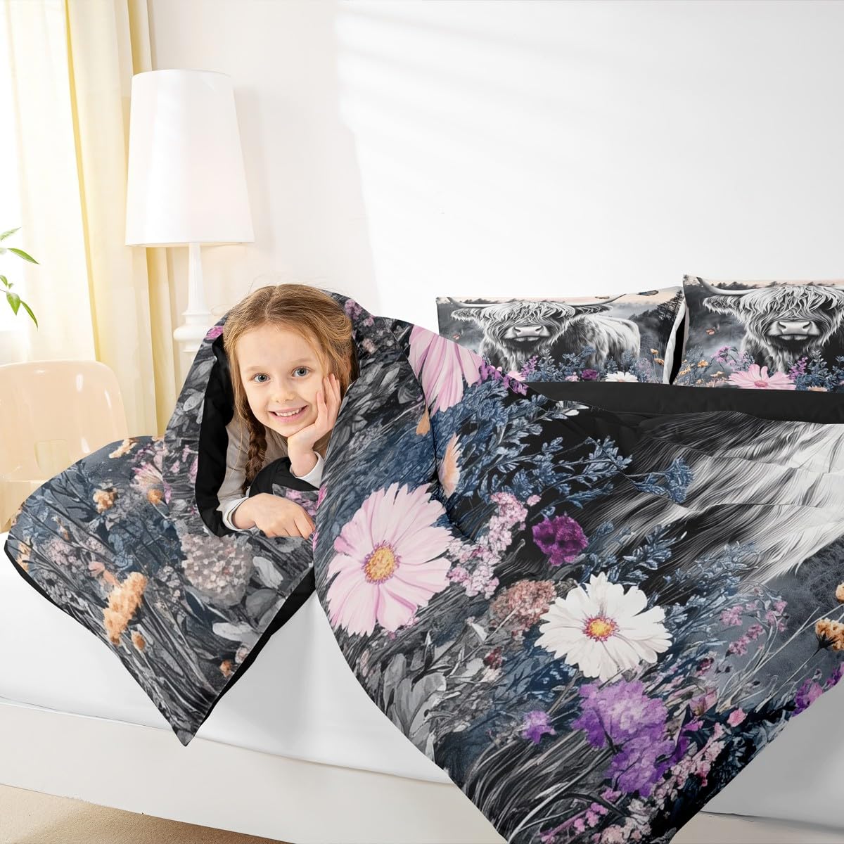 Erosebridal Highland Cow Flower Comforter Set Full Size Bull Cattle Bedding Set Western Funny Animal Duvet Stuffing Wildlife Farmhouse Cow Bed Quilt Mountain with Firforest Bedroom Decor
