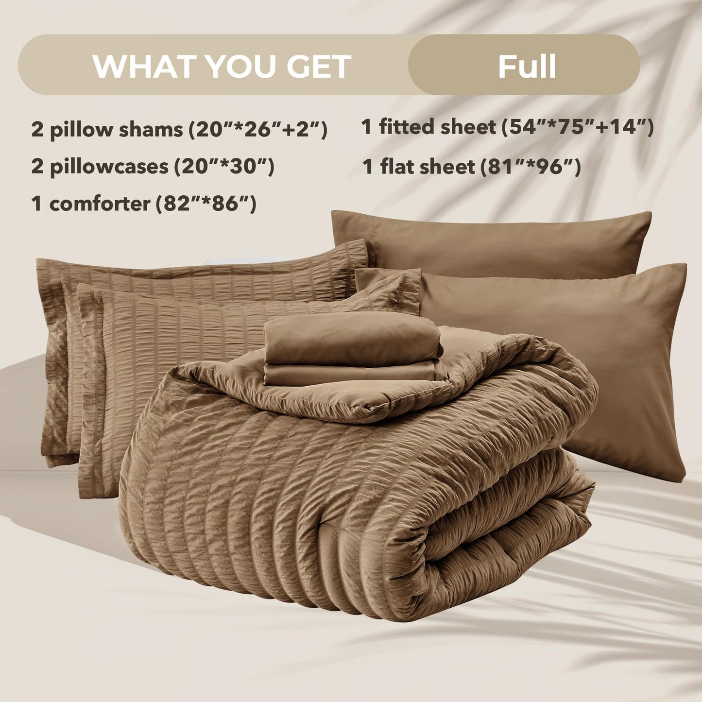 HYMOKEGE Brown Full Size Comforter Sets Seersucker 7 Pieces, All Season Luxury Bed in a Bag for Bedroom, Bedding Set with Comforter, Sheets, Pillowcases & Shams