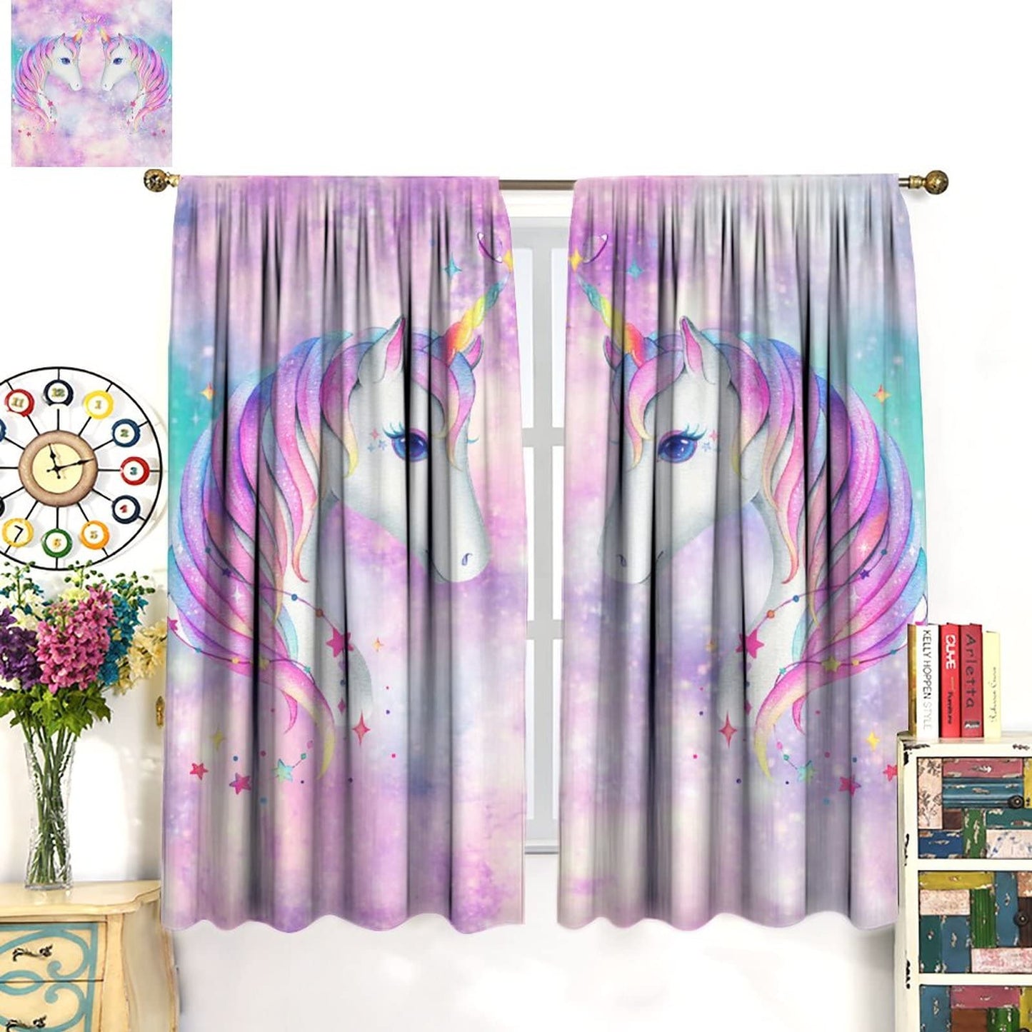 Rainbow Unicorn Bedroom Curtains,Purple Pink Dream Universe Starry Sky Kids Bedroom Living Room Window Treatments Curtains 42x45 Inch
