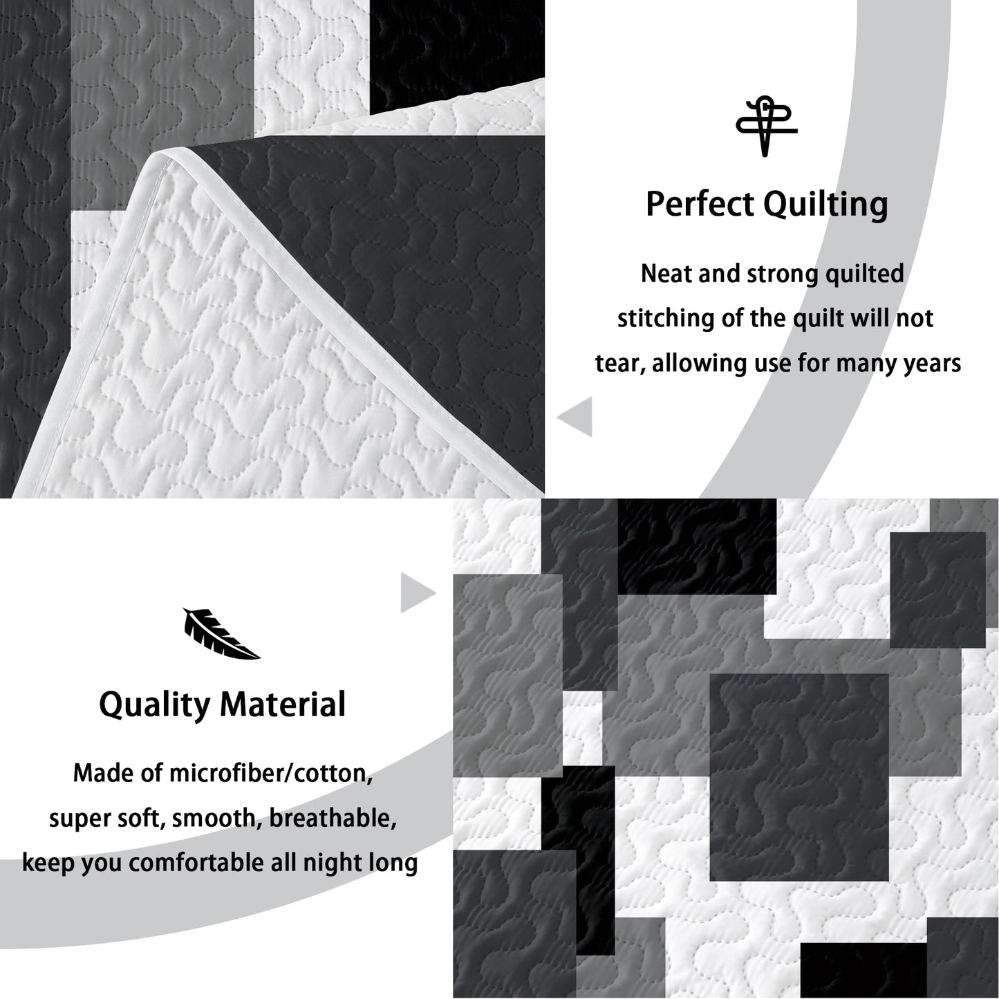 Tyrot 3 Piece Black Grey Quilt Set Full/Queen Size Black White Geometric Reversible Bedding Set Microfiber Lightweight Bedspread Coverlet with 2 Shams Modern Bed Covers for All Season, 90''x96''