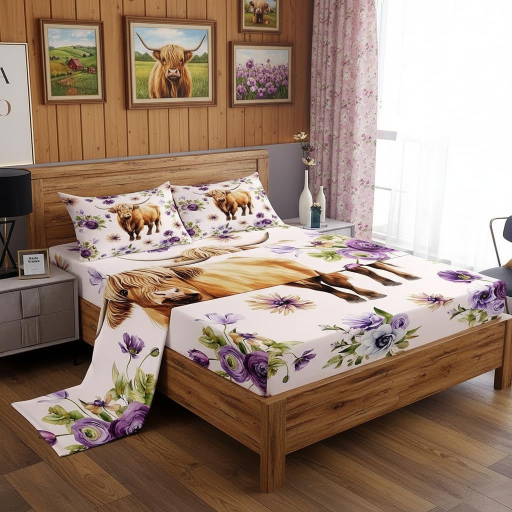 Castle Fairy Highland Cow Bed Sheet Set Twin Size,Rustic Farmhouse Style Animal Sheet Set Kids Teens,Purple Flowers Country White Bedding Decor Set with 1 Flat & 1 Fitted Sheet with 1 Pillow Sham
