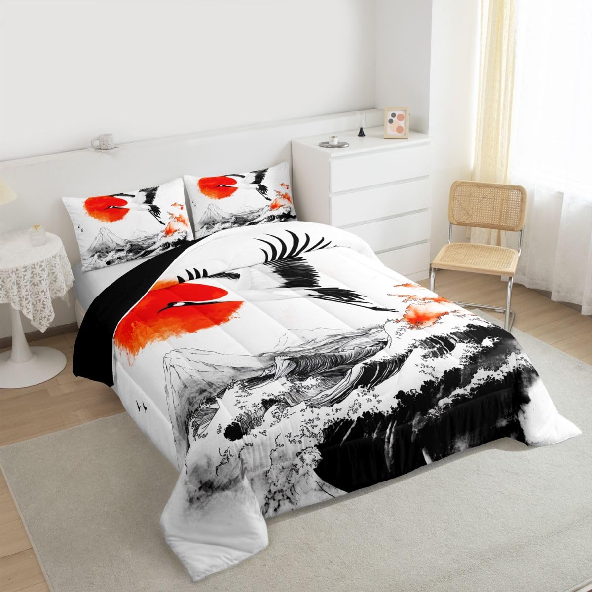 jejeloiu Wave Comforter Set All Season Cranes Bedding Set with 2 Pillow Cases Japanese Style Microfiber Kids Queen Bedclothes Red Sun Bedroom Decor Duvet Quilt Breathable Soft Lightweight