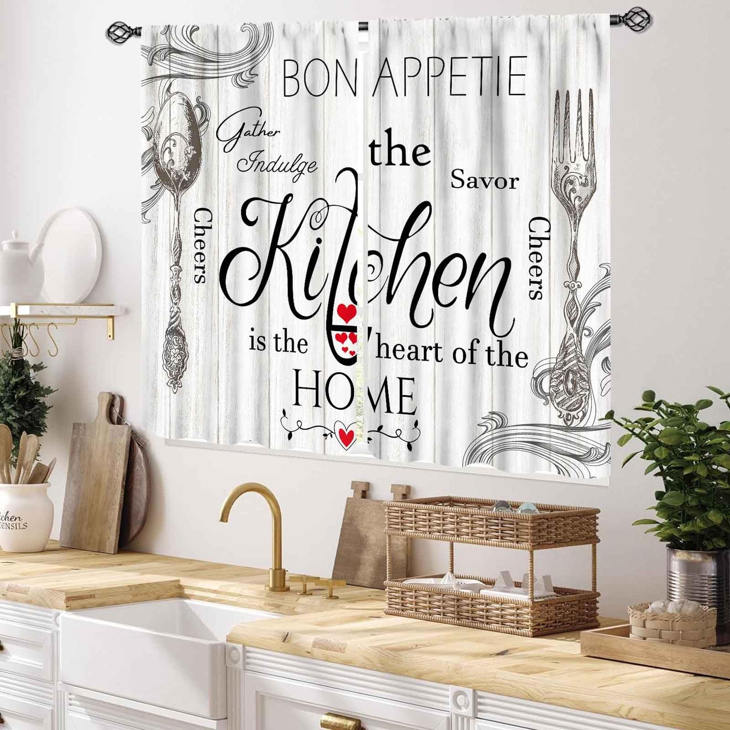 Rustic Kitchen Curtians, Fork and Spoon Woodern Plank Board Cook Theme Farmhouse Vintage Cottage Blackout Cafe Living Room Bedroom Small Short Window Curtains Drapes Treatments 2 Panel Set, 55x39 Inch