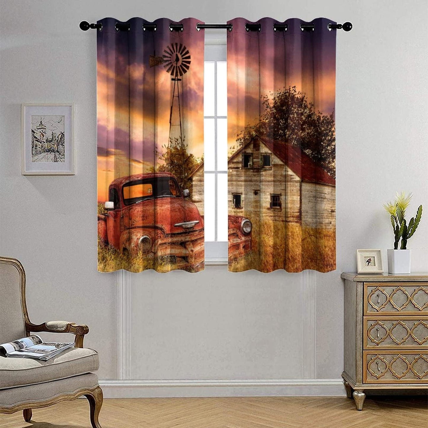 Kazynee Rustic Farm Old Truck Room Darkening Blackout Window Curtains with Grommets,Western Country Farmhouse Sunset Nature Scenery Energy Efficient Window Treatment 2 Panels 63L x 21W