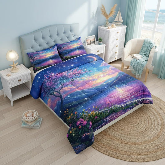 Rustic Flowers Queen Bedding Set for Kids Adults,Romantic Lakeside Trees Flowers Comforter Bed Set,Shining Starry Sky Quilt Set 3 PCS,Watercolor Lake Landscape Duvet Insert,2 Pillow Cases