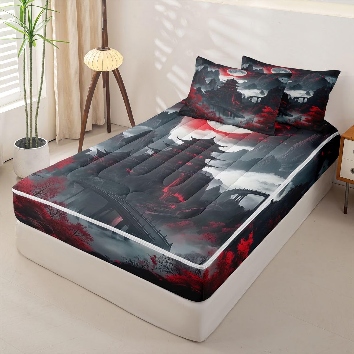 Erosebridal Japanese Anime Zipper Bedding Moon Cherry Blossom Twin Bed in a Bag Set for Boys Girls Teen Vintage Nature Mountain Kids Comforter Set with Fitted Sheet Red Black Zip Up Bedding