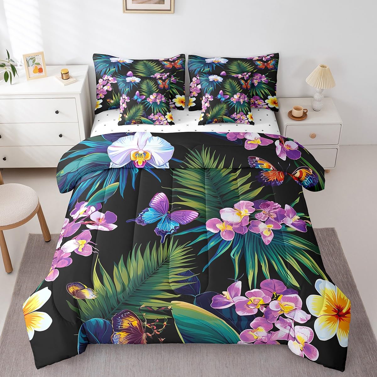 jejeloiu Butterfly Comforter Set 7 Pieces Full Size Kids Tropical Leaves Bed in a Bag for Boys Girls Botanical Bedding Set Nature Summer,Comforter + Sheets + Pillowcases + Cushion Covers