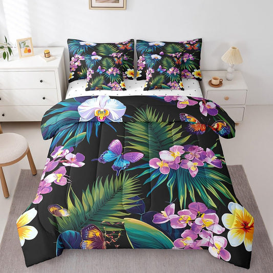 jejeloiu Butterfly Comforter Set 7 Pieces Full Size Kids Tropical Leaves Bed in a Bag for Boys Girls Botanical Bedding Set Nature Summer,Comforter + Sheets + Pillowcases + Cushion Covers