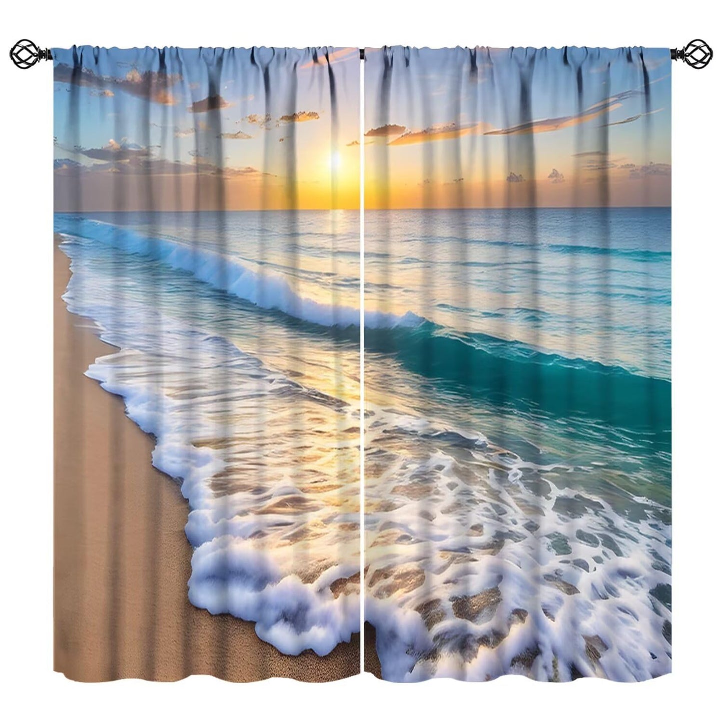 Nitmbi Beach Sunset Curtains,Ocean Tropical Summer Hawaiian Sunset Sea Waves Scenery Pattern Drapes Window 2 Panel Rod Pocket Curtain for Bedroom Living Room Decor 42" W X 45" L