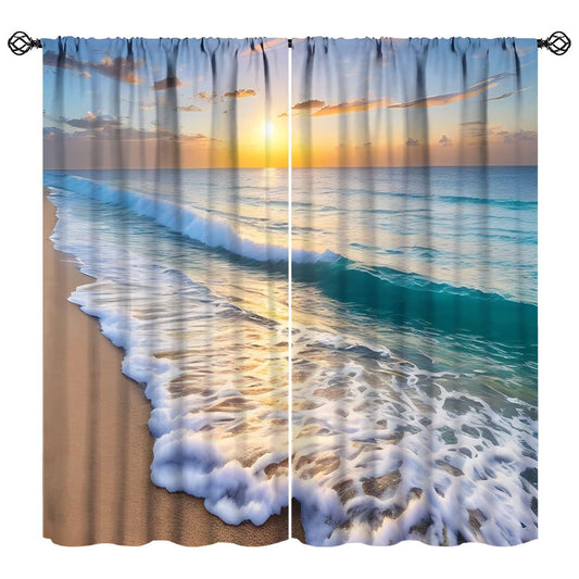 Nitmbi Beach Sunset Curtains,Ocean Tropical Summer Hawaiian Sunset Sea Waves Scenery Pattern Drapes Window 2 Panel Rod Pocket Curtain for Bedroom Living Room Decor 42" W X 45" L