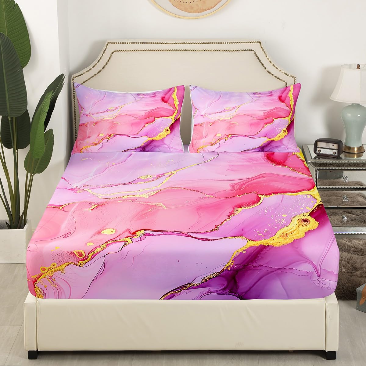 Chic Girly Fitted Sheet Twin, Marble Printed Bedding Sets - Gold Glitter Pink Purple and White Marble Abstract Art Bed Sheets, Soft Microfiber Modern Bedding Decor Set