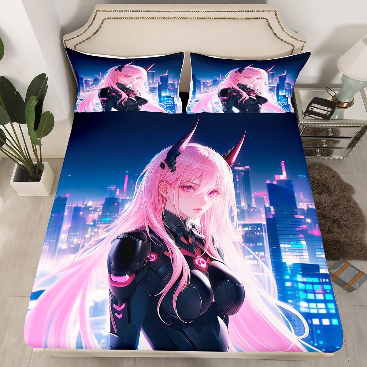 Erosebridal Japanese Anime Bed Sheets Full Size, Anime Girl Fitted Sheet Kawaii Japanese Style Bedding Set Cartoon Japan Animation Bed Set for Boys Teens Adult Women Bedroom Decor