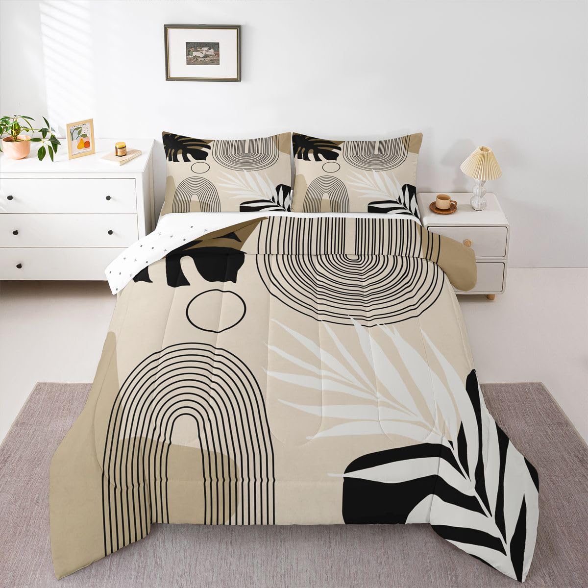 Erosebridal Boho Mid Century Twin Bedding Set, Modern Minimalist Comforter Set, Abstract Arch Geometric Comforter for Adults Teens Kids, Tropical Palm Leaf Aesthetic Quilt, Black Beige Brown