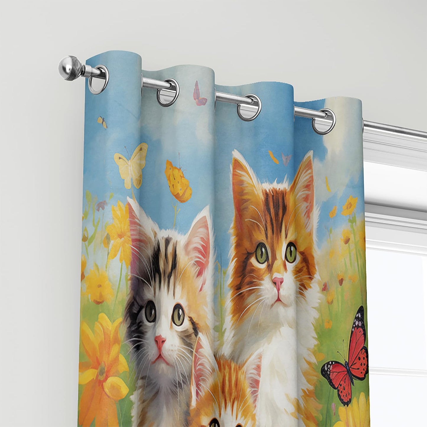 AILONEN Kids Cute Cat Window Curtain,Kawaii Kitten Curtain Tiers for Bedroom,Cat Lover's Animal Sunflower Design Window Treatments Drapes for Kids Girls, 42" W x 63" H (2 Panels)