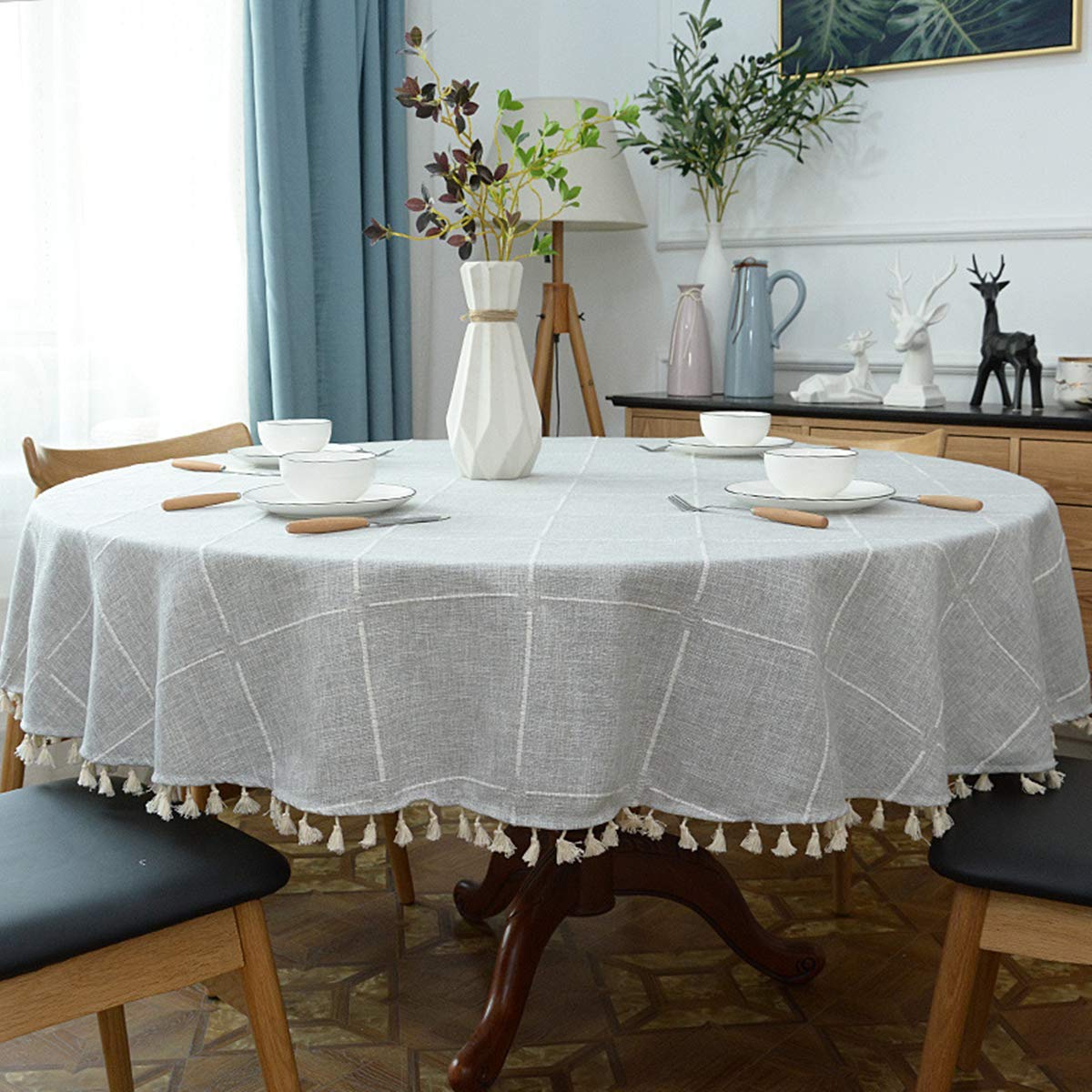 Dimatic Heavy Weight Cotton Linen Tablecloth, Plaid Tassel Round Table Cover for Kitchen Dining Room Tabletop Decorations, Round - 63", Grey