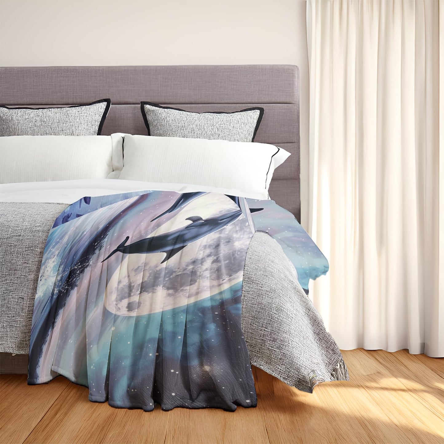 MIEPOS Dolphin and Moon Throw Blanket - Soft, Cozy, Lightweight Flannel, Warm, Plush, Fuzzy Decor for Couch, Office, Travel - Mystical Night Sky and Ocean Design 50×60 Inch