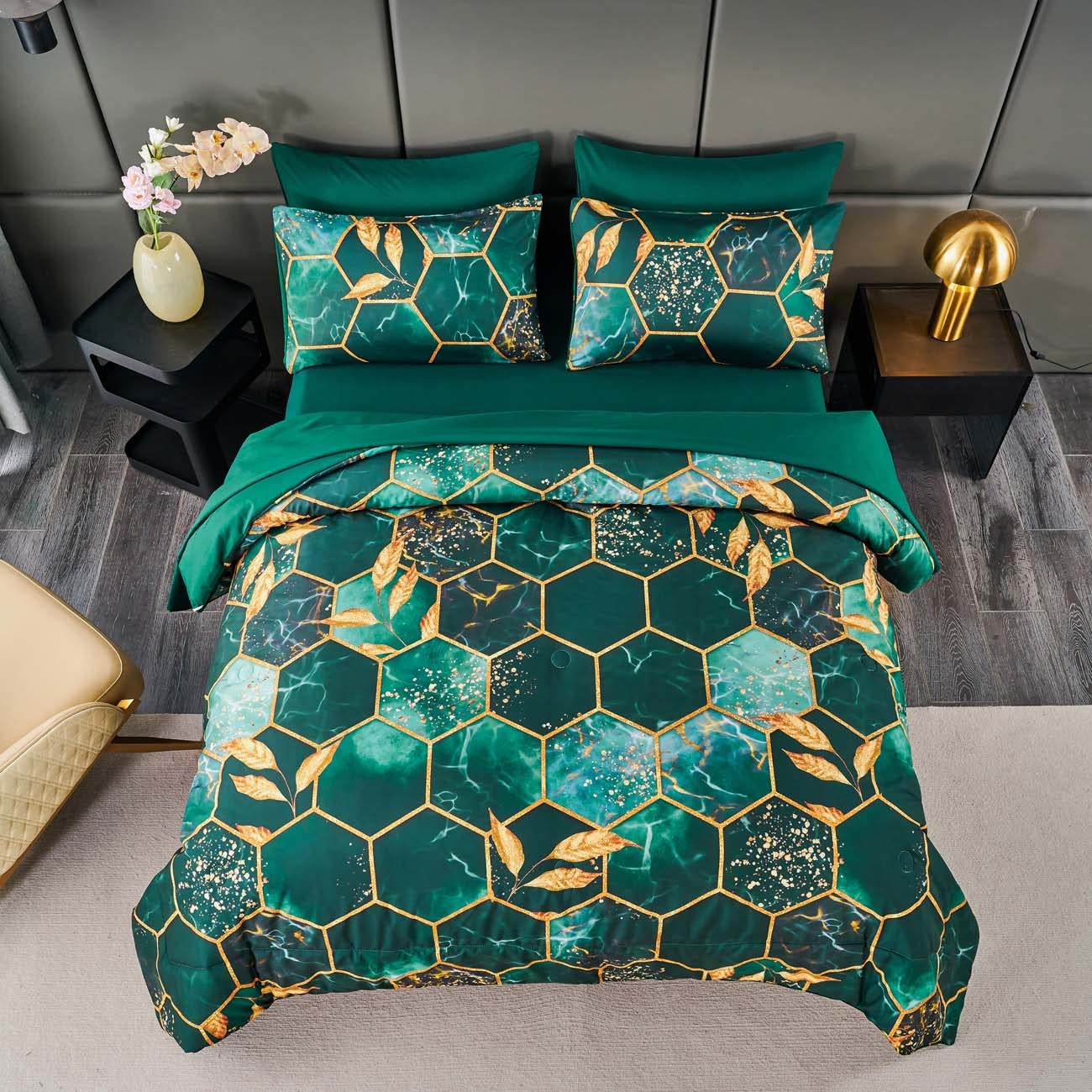 ANGIYUIN 3D Marble Printed Emerald Green Comforter Set Full, 7Pcs Geometric Hexagon Theme Comforter Gold Trim Bed in A Bag Full, Modern Watercolor Foil Print Bedding Set with Sheets (Green Full)