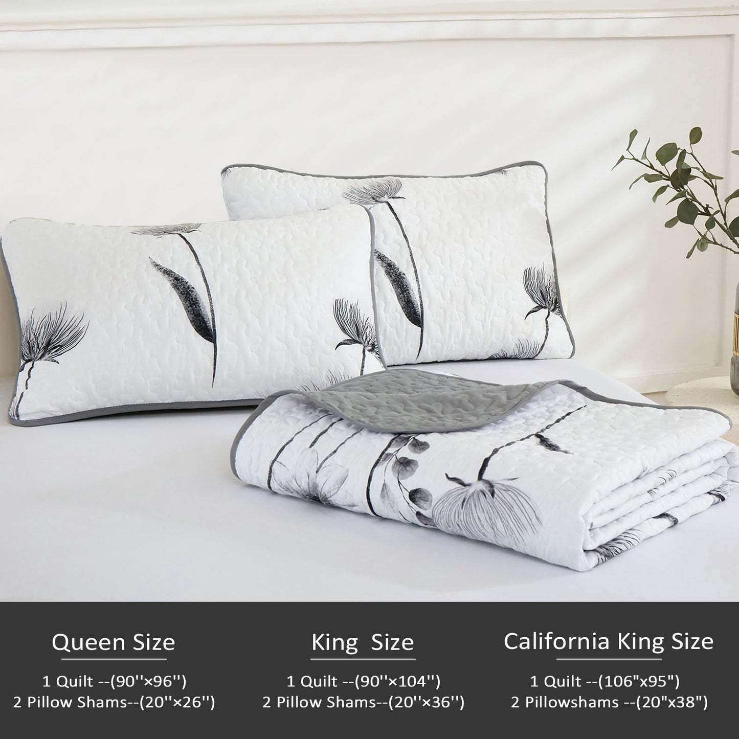 Dinjoy Floral Quilt Set Queen Size,Grey White Bedspread Coverlet Botanical 3 Pieces Fall Quilts Microfiber Lightweight Flower Bedspreads Soft Reversible Farmhouse Bed Cover for All Season(96"x90")