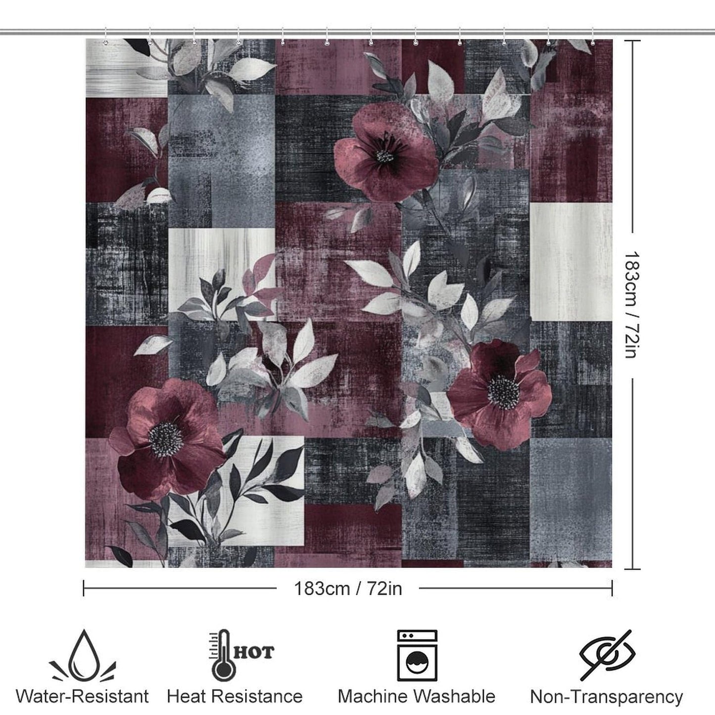 DIPQIMI 4Pcs Retro Flower Plant Shower Curtain Sets with Rugs, Toilet Lid Cover and Bath Mat, Red Grey Patchwork Bathroom Shower Curtains Set with 12 Hooks