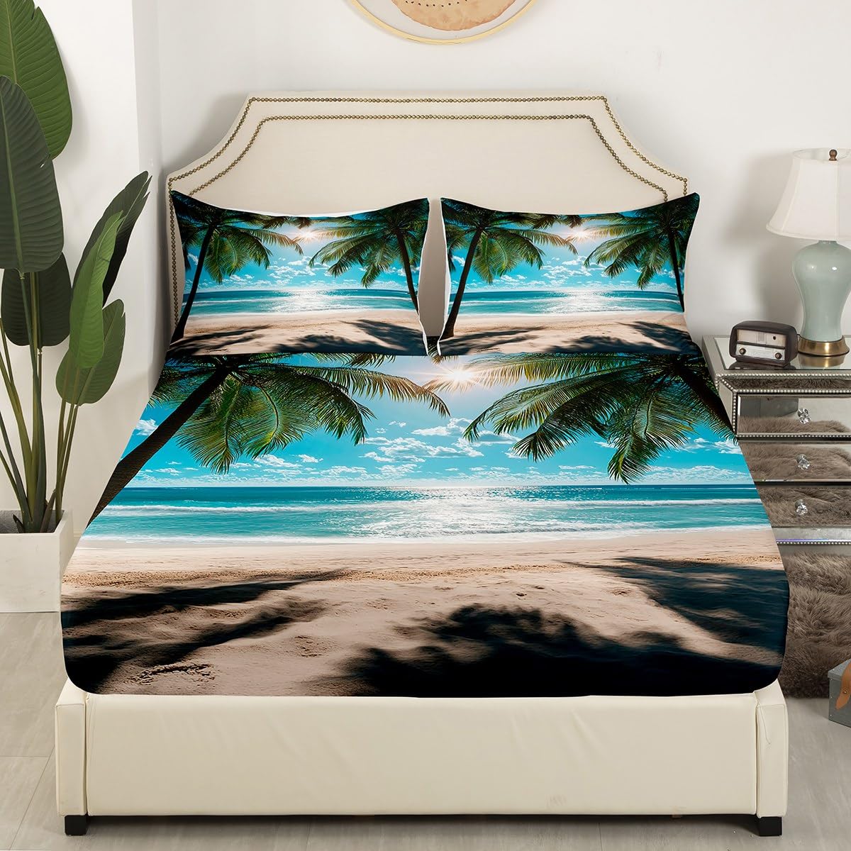 jejeloiu Beach Theme Fitted Sheet Full Size Kids Summer Sea Ocean Palm Leaf Bed Sheets Set for Boys Girls Teens Wave Coastal Natural Scenery Bedding Set Room Decor