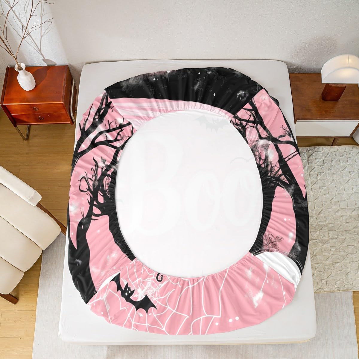 Feelyou Kids Halloween Fitted Sheet Full Size, Pink Ghost Bed Sheet Set Boys Girls Horror Decor Bedding Set Boo Teens Bedroom Decor 3Pcs (No TOP Sheet)