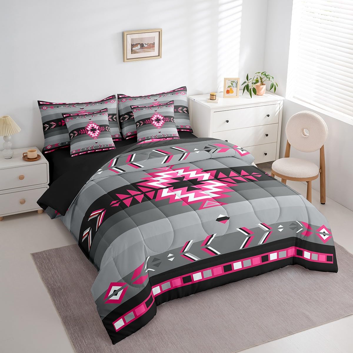 Southwest Native American Bedding Set Queen Southwestern Geometric 7 Piece Bedding Set Decor Tribal Rose Pink Grey Black Bed Set Includes Comforter, Sheet Set, Pillowcases & Pillow Covers Modern Art