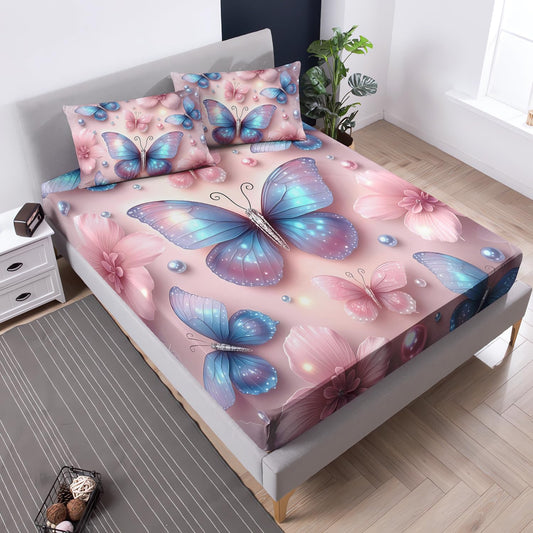 UEVBF Beautiful Blue Butterfly Fitted Sheet Set Full Size,Pink Flowers Pearl Bedding Sets for Kids Girls Toddlers Room Decor,1 Fitted Sheet+2 Pillowcases.