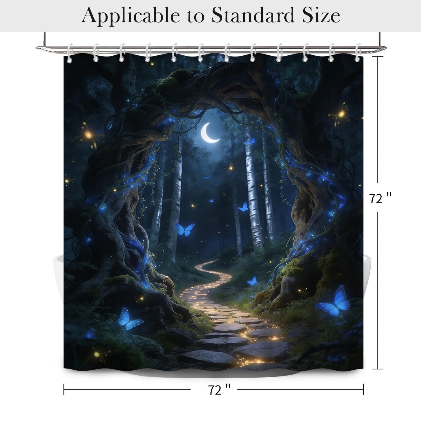 NAEMBCU Enchanted Forest Shower Curtain with Hooks - 72x72 Inch Waterproof Fabric Bathroom Curtain with Moonlit Woodland and Butterfly Pattern, Washable Bath Curtain for Mystical Nature Interiors