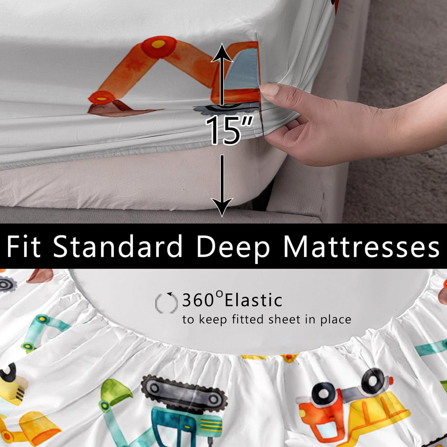 AILONEN Watercolor Construction Truck Twin Fitted Sheet Set 3 Piece,Excavator Digger Bedding with 2 Pillowcases,Boys Nursery Vehicle Linens,16 Inch Deep Pocket Microfiber