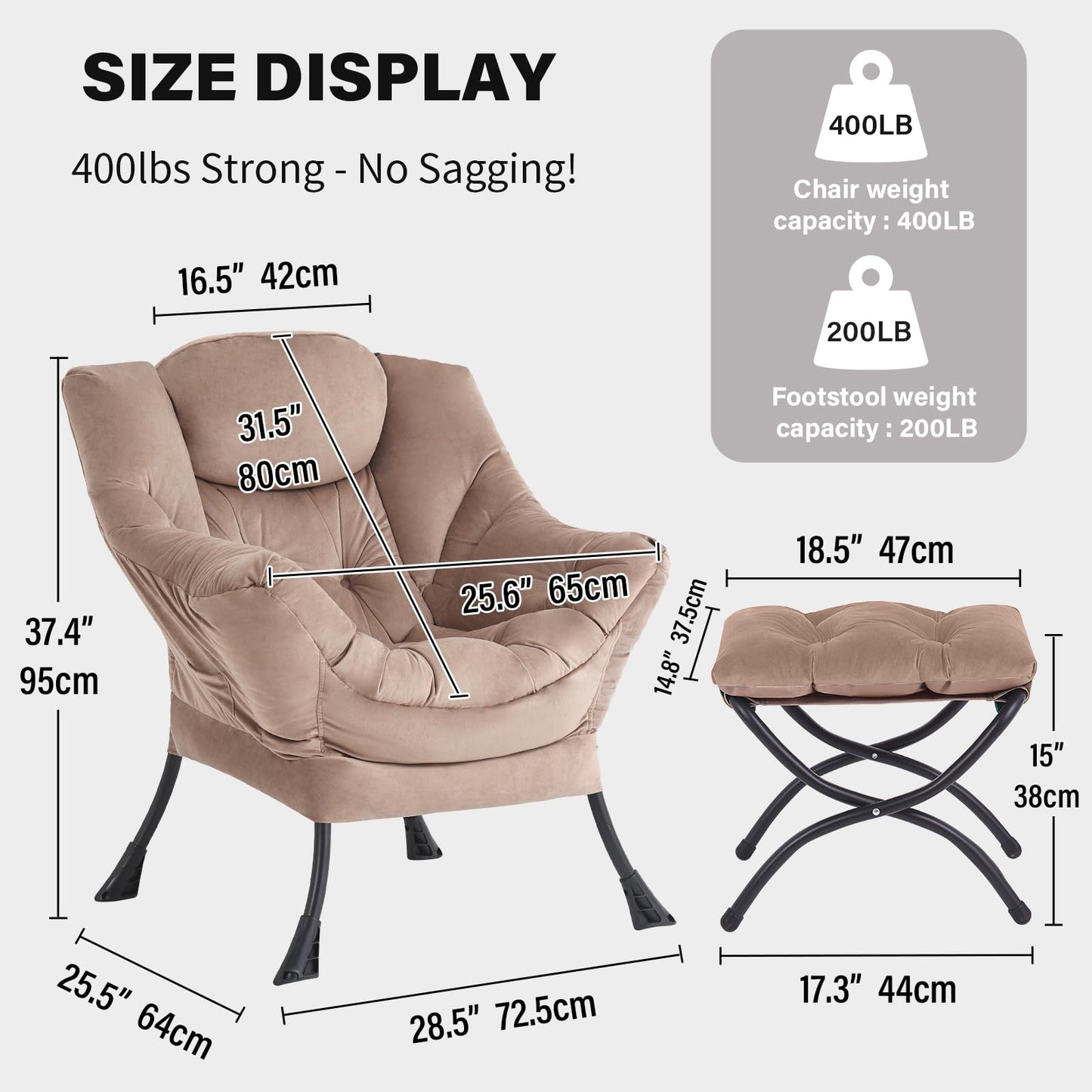Tiita Lazy Chair with Ottoman, Khaki Modern Large Accent Chair, Comfy Leisure Sofa Armchair with Ottoman, Reading Chair with Footrest for Bedroom, Living Room, Dorm Rooms, Velvet Khaki